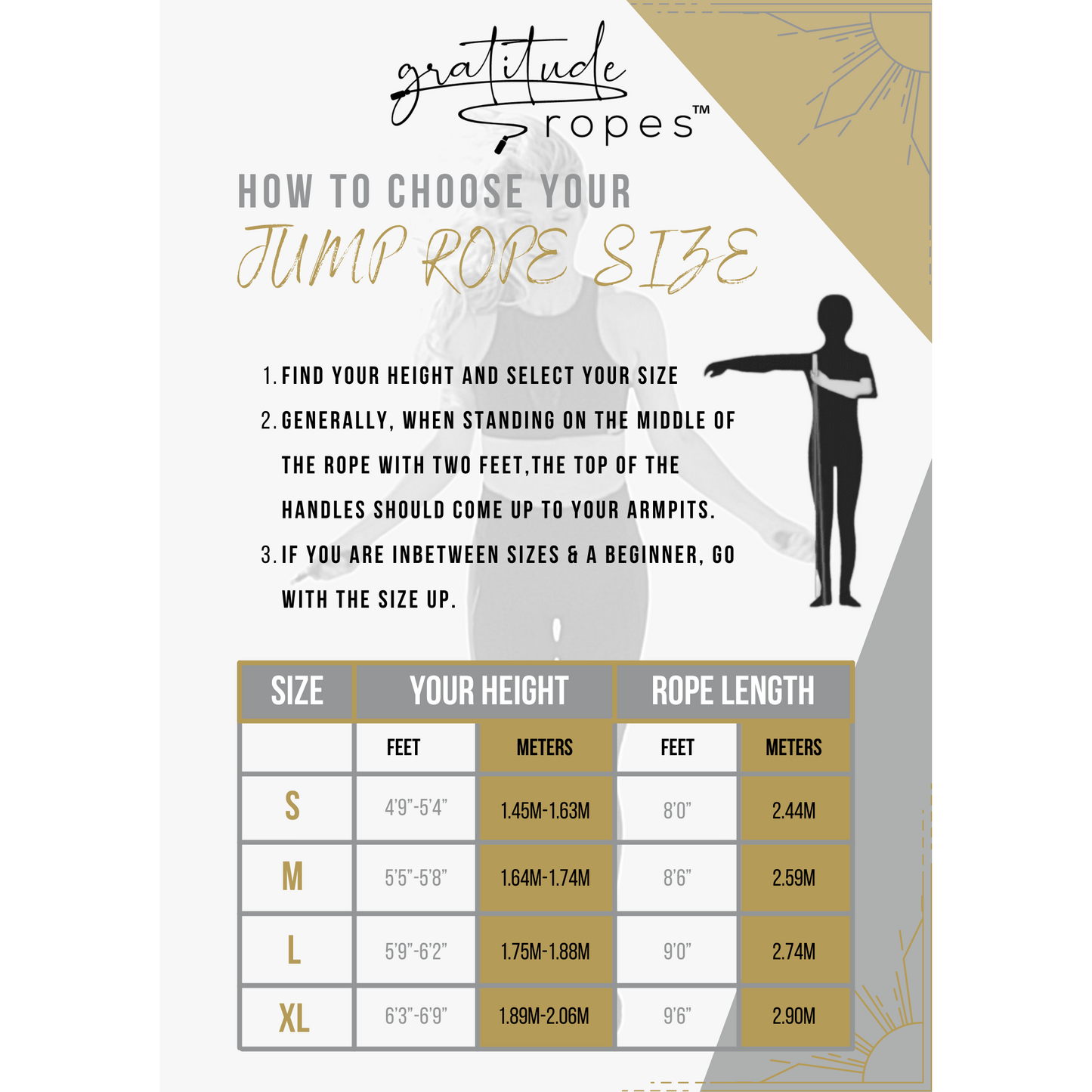 Size chart for Elite Weighted Jump Rope Set showing recommended rope lengths based on user height
