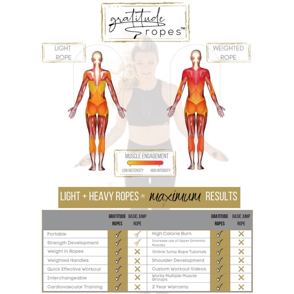 Comparison chart showing which muscles are worked more using Gratitude Ropes weighted jump ropes versus a standard jump rope, highlighting strength, endurance, and calorie burn benefits